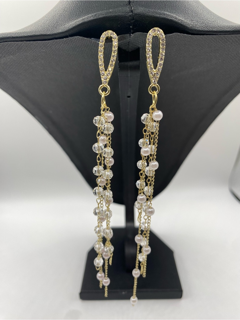 Gold Pearl & Crystal Dangle Earrings - Elegant Long Drop